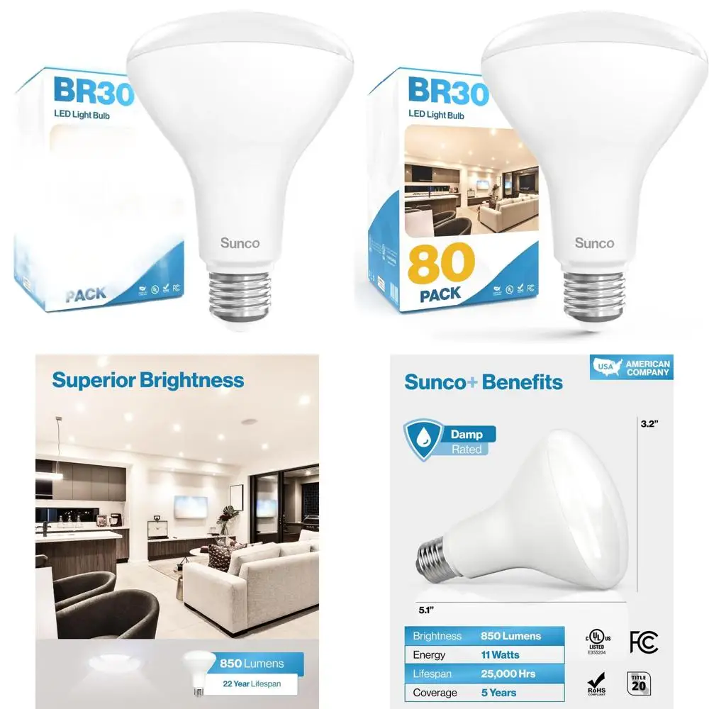 

Набор из 80 светодиодных ламп BR30 для встраиваемых светильников, 850 люмен, 11 Вт, 4000K холодный белый свет, с регулировкой яркости, цоколь E26, для домашнего использования