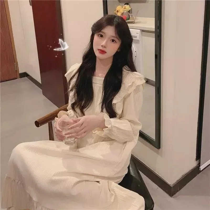 

Nightgowns Women Solid Tender Loose Harajuku Student Ankle-length Design Fashion Sleepwear Simple Cozy Princess Style Ruffles