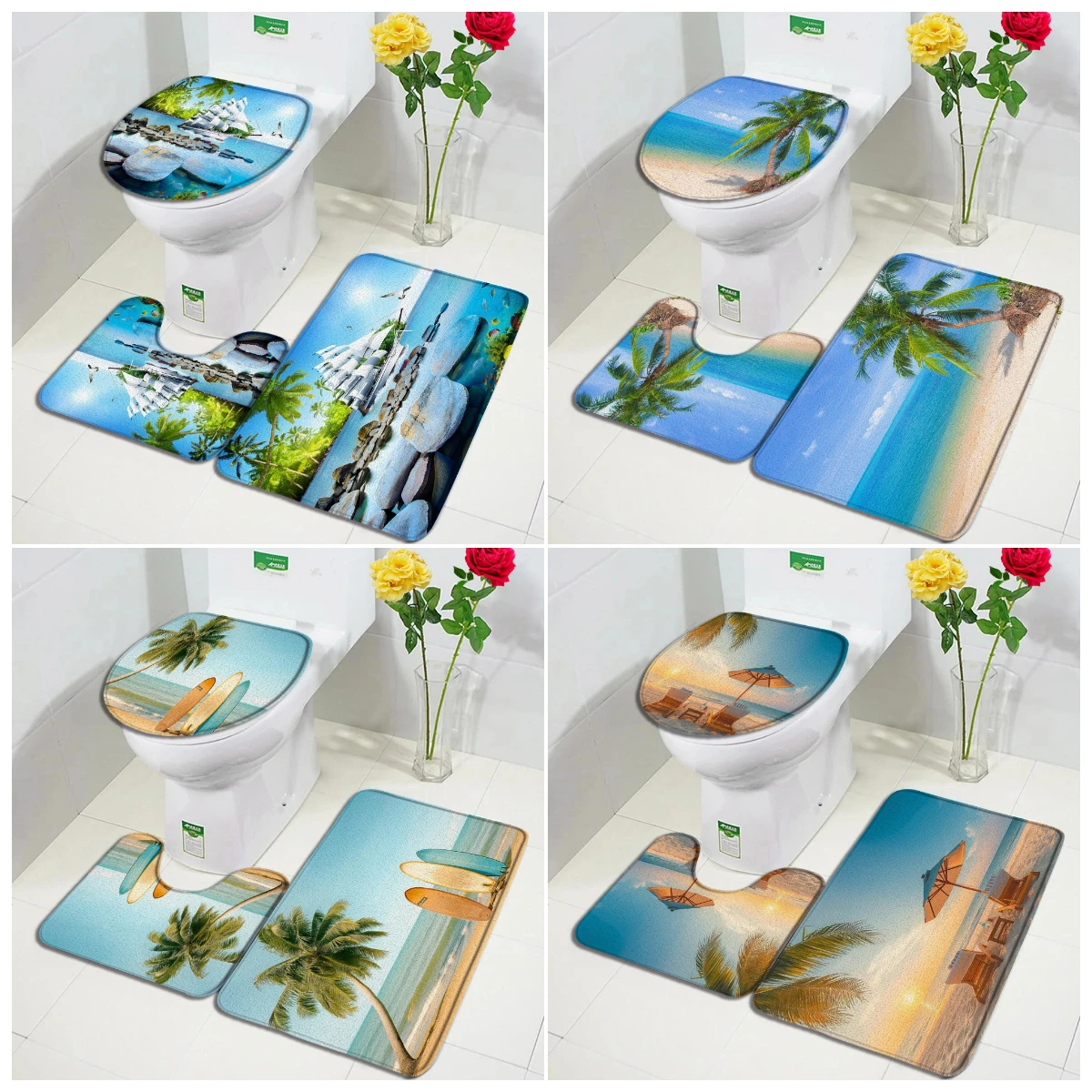 

Island Ocean Bath Mat Set Sailboat Dusk Beach Coconut Tree Surfboard Nature Scenery Home Doormat Bathroom Decor Rug Toilet Cover