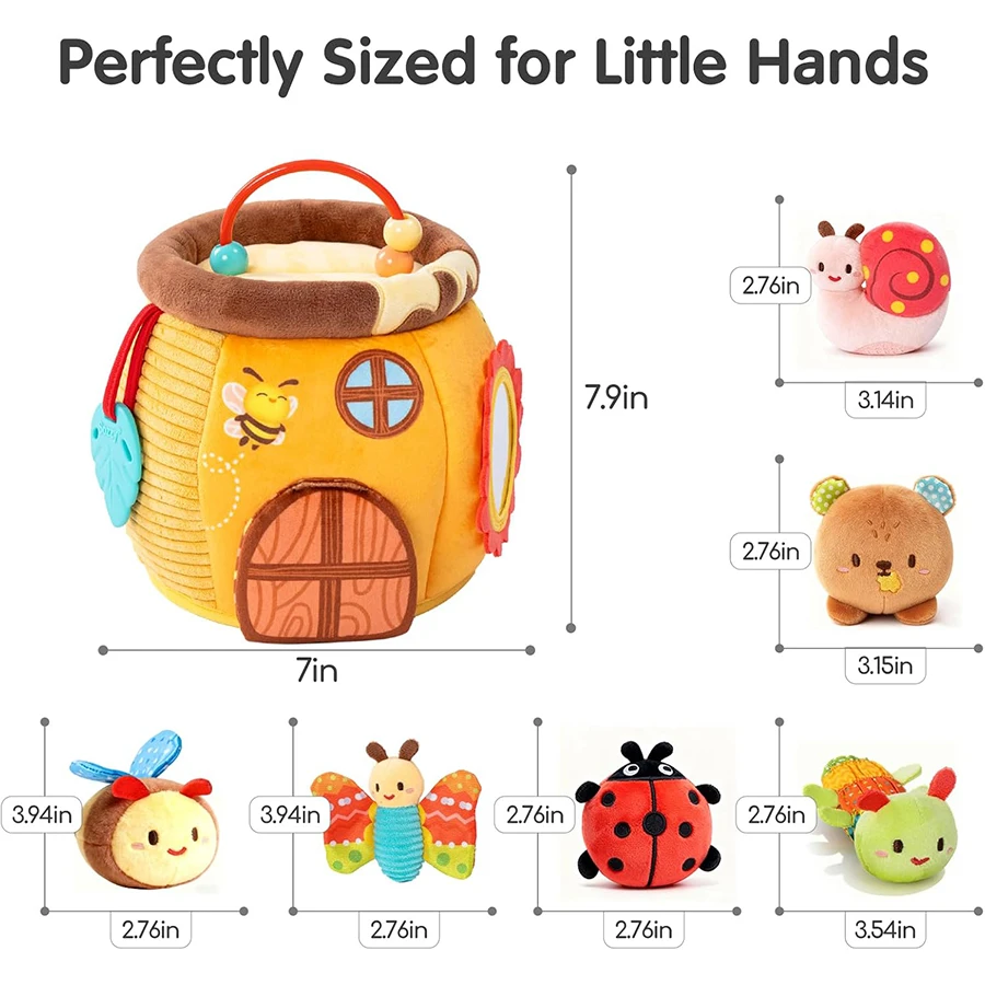 Brinquedos para bebês de 6 a 12 meses, casinha de abelha com animais de fazenda de pelúcia para crianças de 1 a 3 anos, colmeia de pelúcia com chocalhos, espelho rangido