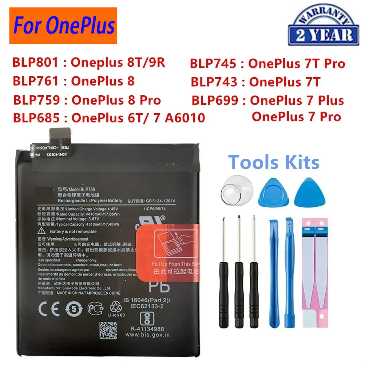 Orginal BLP801 BLP761 BLP759 BLP745 BLP743 BLP699 BLP685 Battery For OnePlus 8T/9R/ 8 /Pro/8/7T Pro/7T/ 7 Pro/6T / 7 A6010