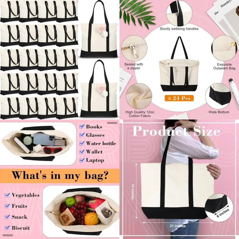 

Large Cotton Tote Bags with Zipper and Outer Pocket - Bulk 21 Inch Beach Bags for Everyday Use