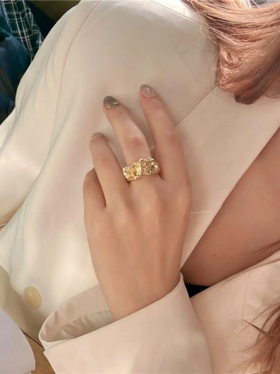 

S925 Silver Geometric Irregular Pleated Ring for Women Exaggerated Faion Open Hand Ring Index Finger Ring
