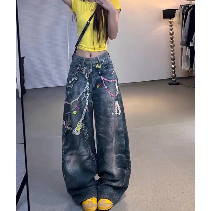 

Американские винтажные свободные джинсы с цепочкой в стиле хип-хоп, подходящие для мужчин и женщин, джинсовый прямой вырез Y2K в уличном готическом стиле