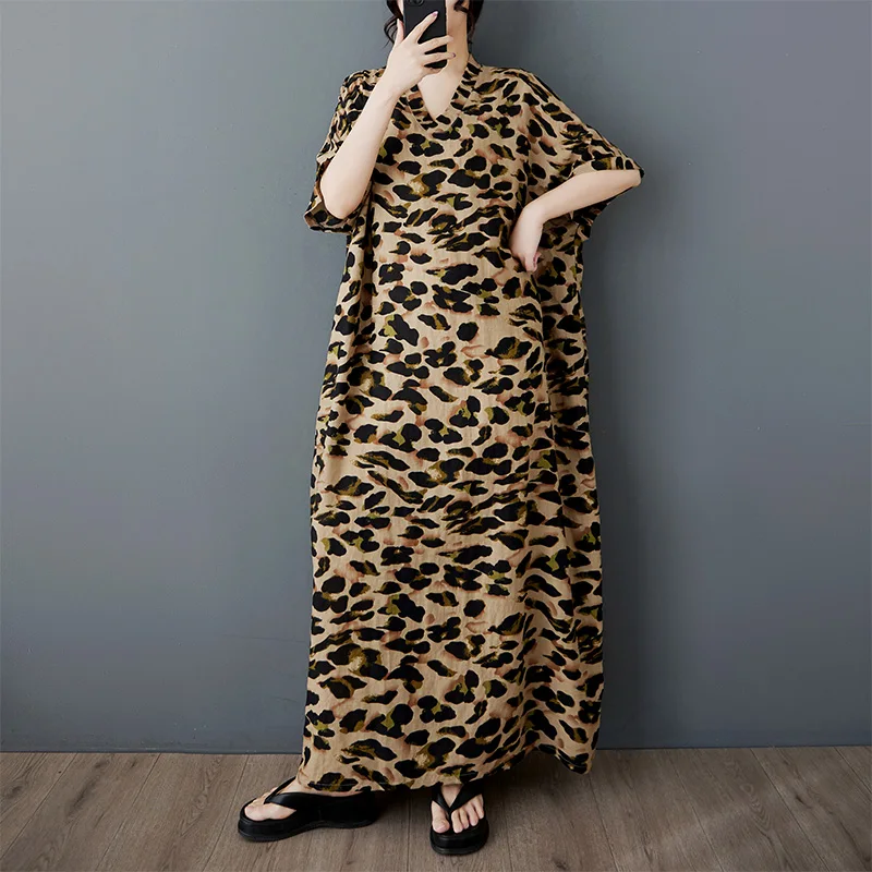 فضفاض مخطط على شكل حرف V دكتور للنساء مقاس كبير في منتصف العمر والأمهات Sle مزيج من القطن والكتان صيفي طويل Sve Dr #2