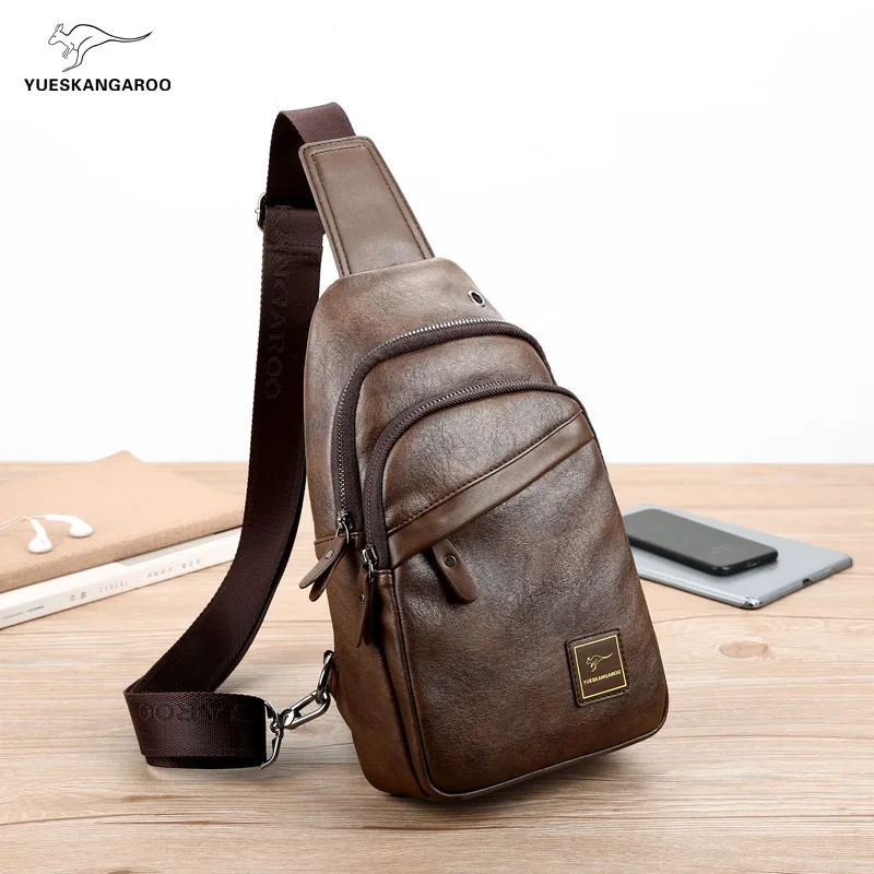 Men Retro PU Leather Sling Bag Fashion Crossbody Chest Pack with USB Charging Port Multilayer Zipper Pockets Shoulder Backpack