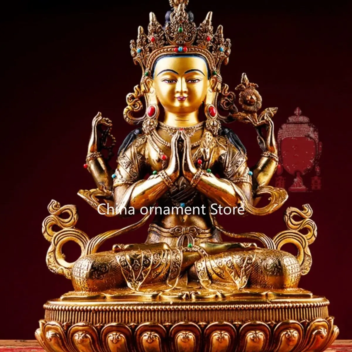 Tantra four-armed Guanyin statue Seiko pure copper gilt imitation Nepal Tibetan home worship bronze statue ornament