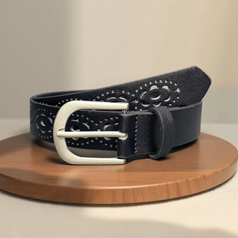 Women's Fashionable Hollowed Out Flower Needle Buckle Belt Simple Matching Dress Casual Pants Belt Women's Retro PU Casual Belt