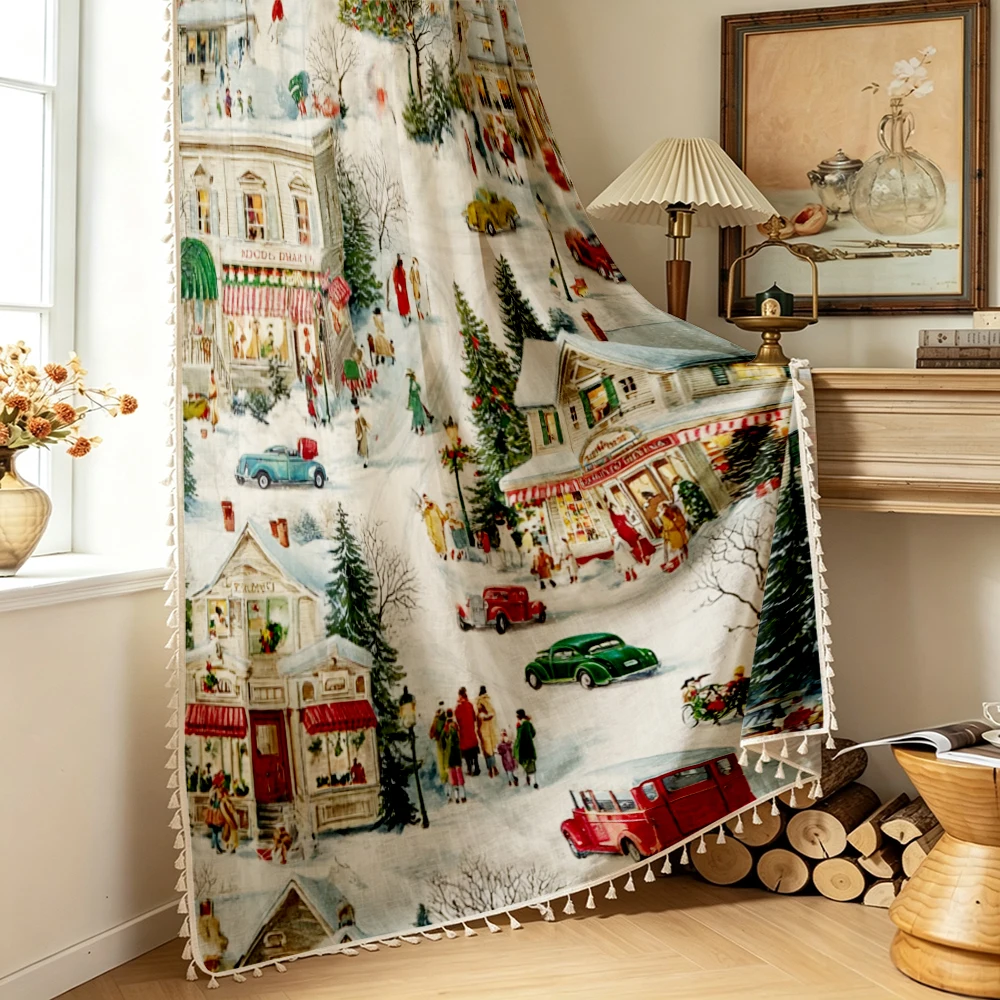 1PC Christmas Tassel Sheer Curtains, Vintage Town Snowy Street Car, Digital Print, Polyester, Bedroom Living Room Home Decor