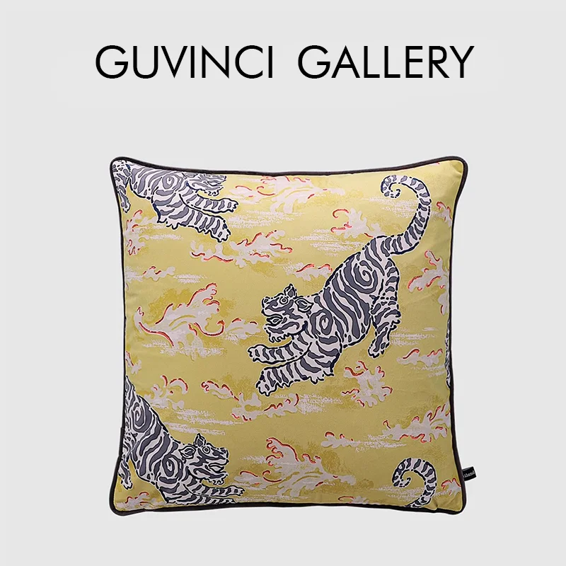 GUVINCI Tibet Dragon Tiger Decorative Cushion Cover High End Velvet Art Print Chinoiserie Square Pillow Case Mustard Yellow