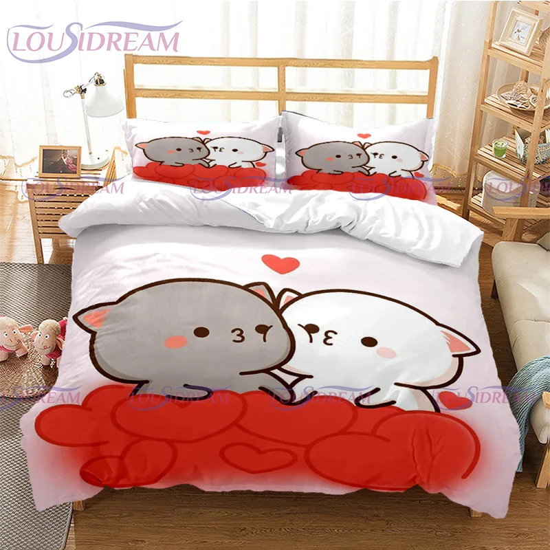 3pcs Bedding Set Peach Cat Cartoon Design Home Textile Duvet Cover Pillow Case Kid Teen Girl Bedding Lover Covers Set