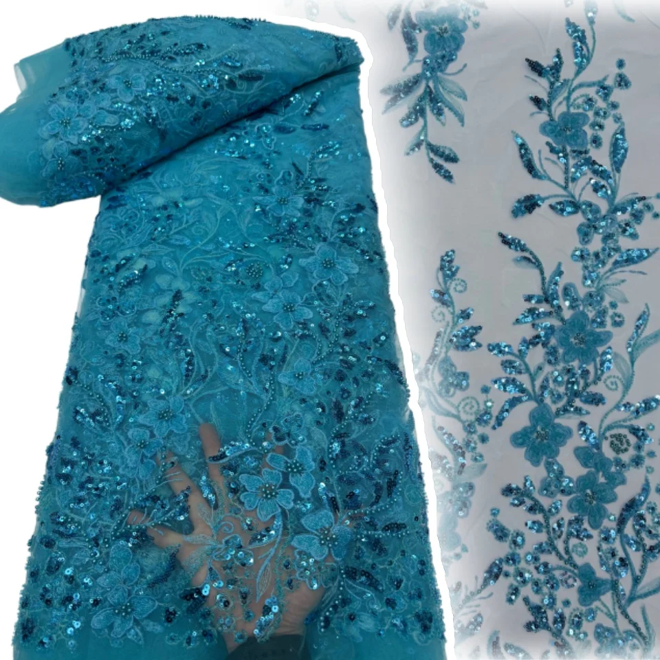 

Синяя африканская кружевная ткань с бисером для жениха, высококачественная нигерийская французская кружевная ткань с пайетками для свадебных и праздничных платьев 2026 года, 2243