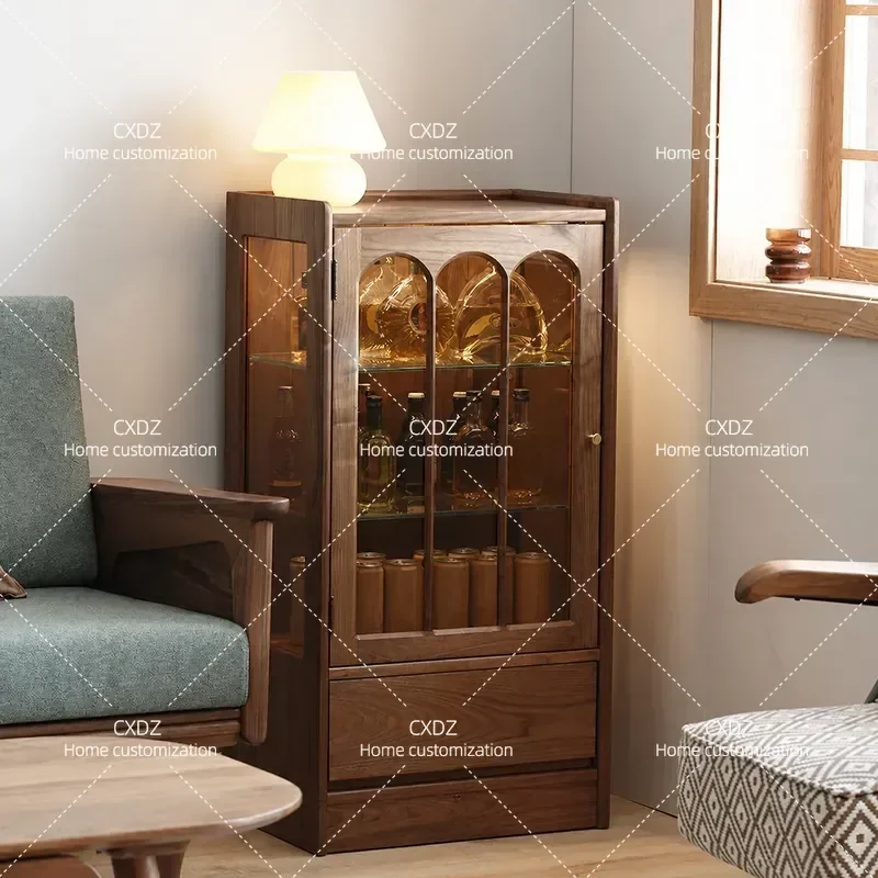 Q8 Nordic Retro Black Walnut Wine Cabinet Solid Wood Sideboard Storage Console Table Against Wall New Chinese American Light
