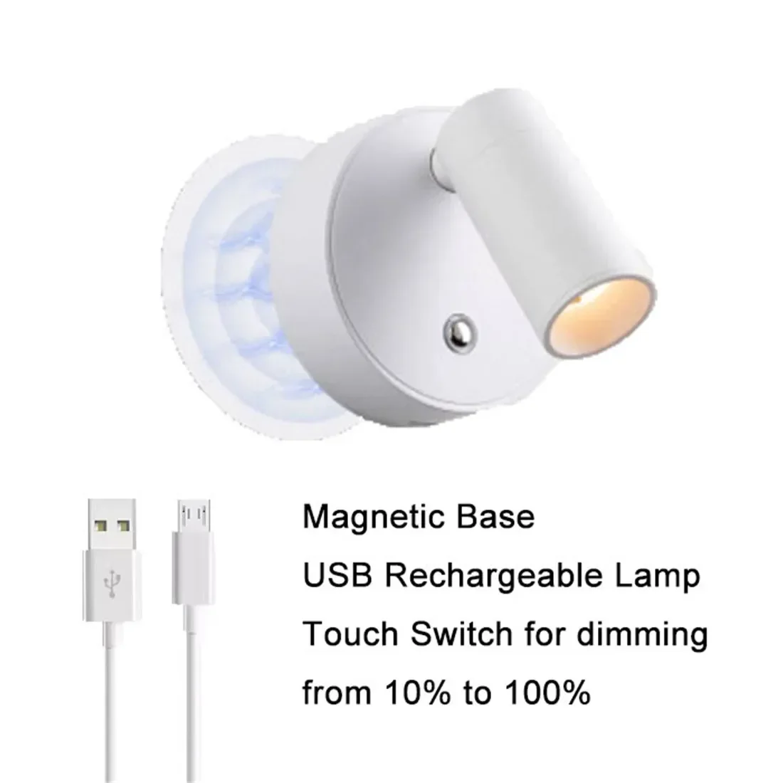 USB Rechargeable LED bedroom Wall Light with Touch Switch Black White Magnet Magnetic base Dimmable for Bedside Study Reading