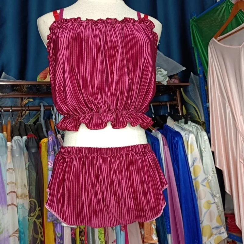 

Silky Touch Ice Silk Men's Sexy Crop Tops Briefs Set Women Sleeveless Camis Backless Strap Tank Plus Size Lingerie Top Panties