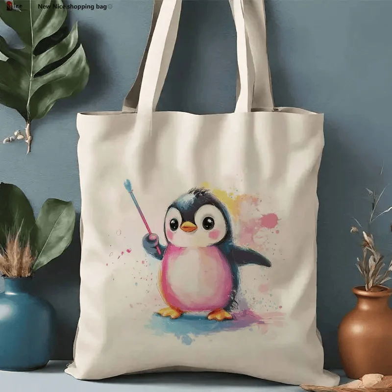 Paintbrush Splash Baby Penguin Canvas Tote Bag Pastel Splatter Art Graphic Handbag For Kid Gift Travel Daily Shoulder Bag
