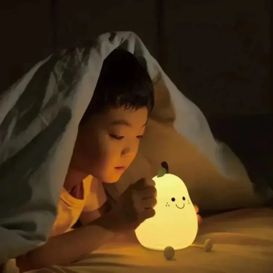 7 Color Touch Control USB Rechargeable Dimming Bedside Lamp Cute Pear Fruit Silicone Night Light For Bedroom Decor Kid Gifts