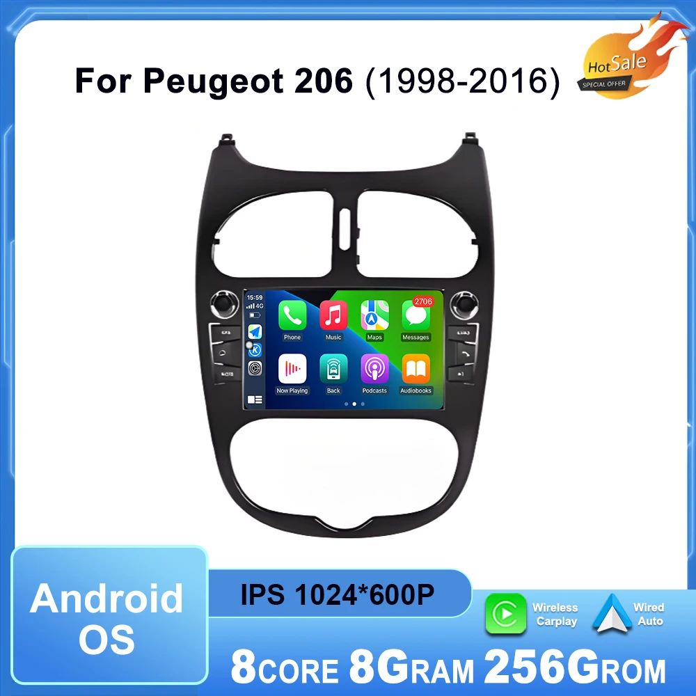 Carplay inalámbrico Android Auto para Peugeot 206 1998 - 2016, Radio para coche, reproductor Multimedia, pantalla táctil, navegación GPS, DSP, WiFi, BT