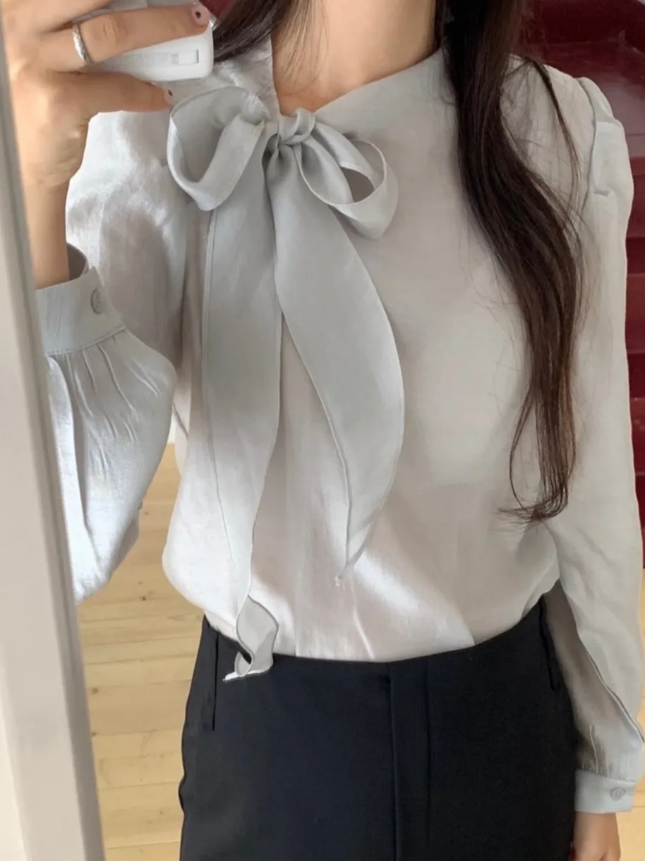 

Шикарная женская блузка с длинным рукавом и завязками на раннюю весну, элегантный топ в корейском стиле из полиэфирного волокна