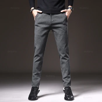 Autumn Winter Men's Casual Pants Solid Color Business Elastic Waist Slim Fit Stretch Thick Gray Black Blue Cotton Trousers Male 2