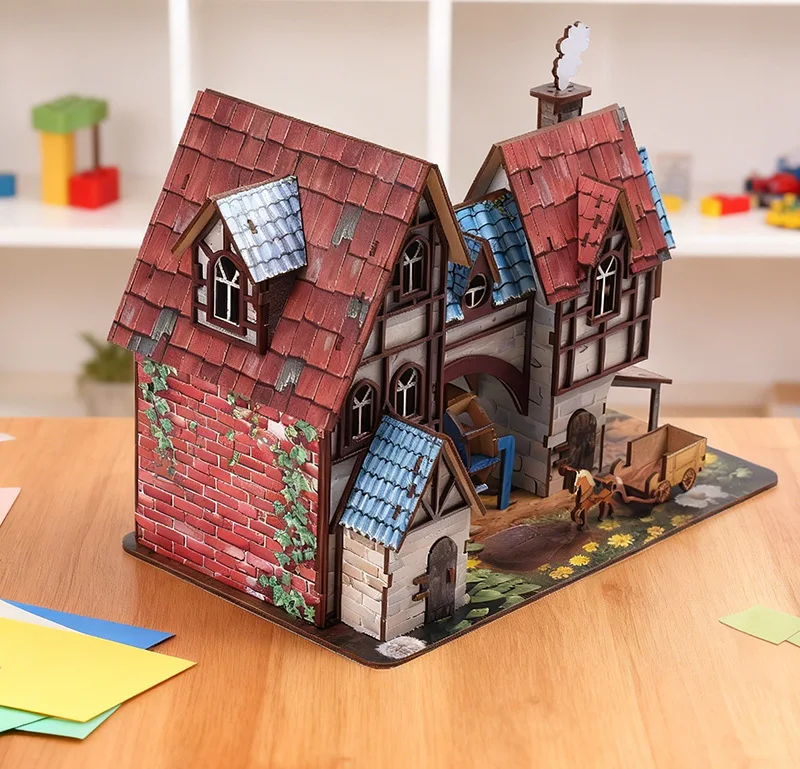 3D Wooden Puzzle Colorful Medieval Village Chalets House Assembly Retro Adult DIY Model Kits Decoration Gifts