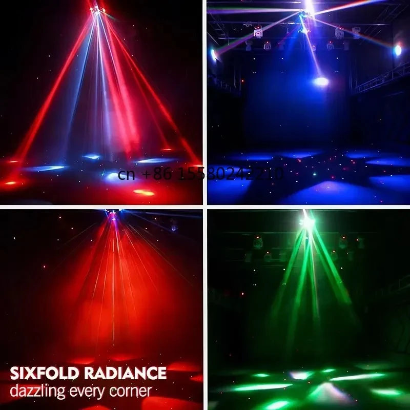 150W LED Moving Head DJ Lights 4 in 1 RGBW Beam 6 Arms Bee Eyes Effect Red Green Starry White Amber Lighting for Parties