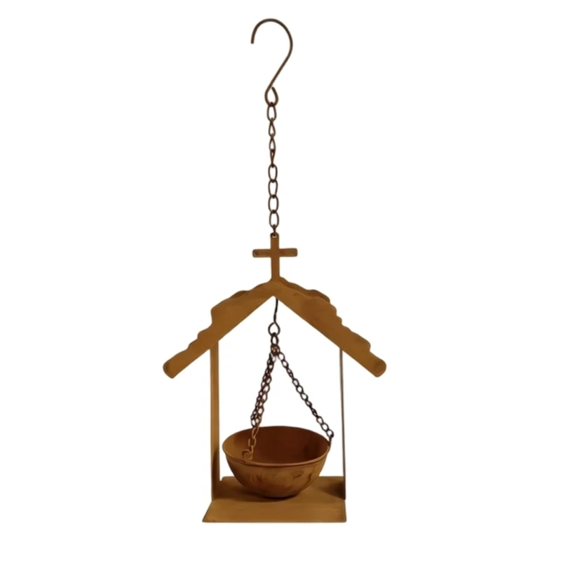 Hanging Bird Feeder, Iron Metal Outdoor Yard Piece with Roof Frame, Open Bowl and Chain for Garden Tree Hanging Use, x KXRE