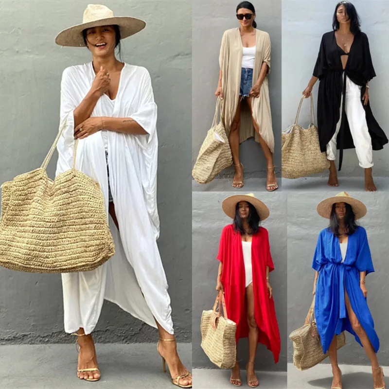 Vestido de playa con cinturón para mujer, Kimono de Color liso, ropa de playa, traje de baño, cárdigan