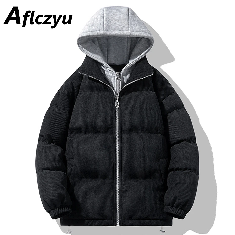 

Corduroy Parkas Men Winter Thick Padded Jacket Fake Two Pieces Hooded Patchwork Jacket Coat Male