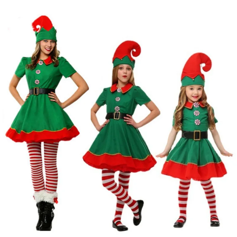 Natal Santa Claus Green Elf Cosplay Traje, Festa de Carnaval Familiar, Ano Novo, Vestido extravagante, Conjunto de roupas, Homens, Mulheres, Meninas, Meninos