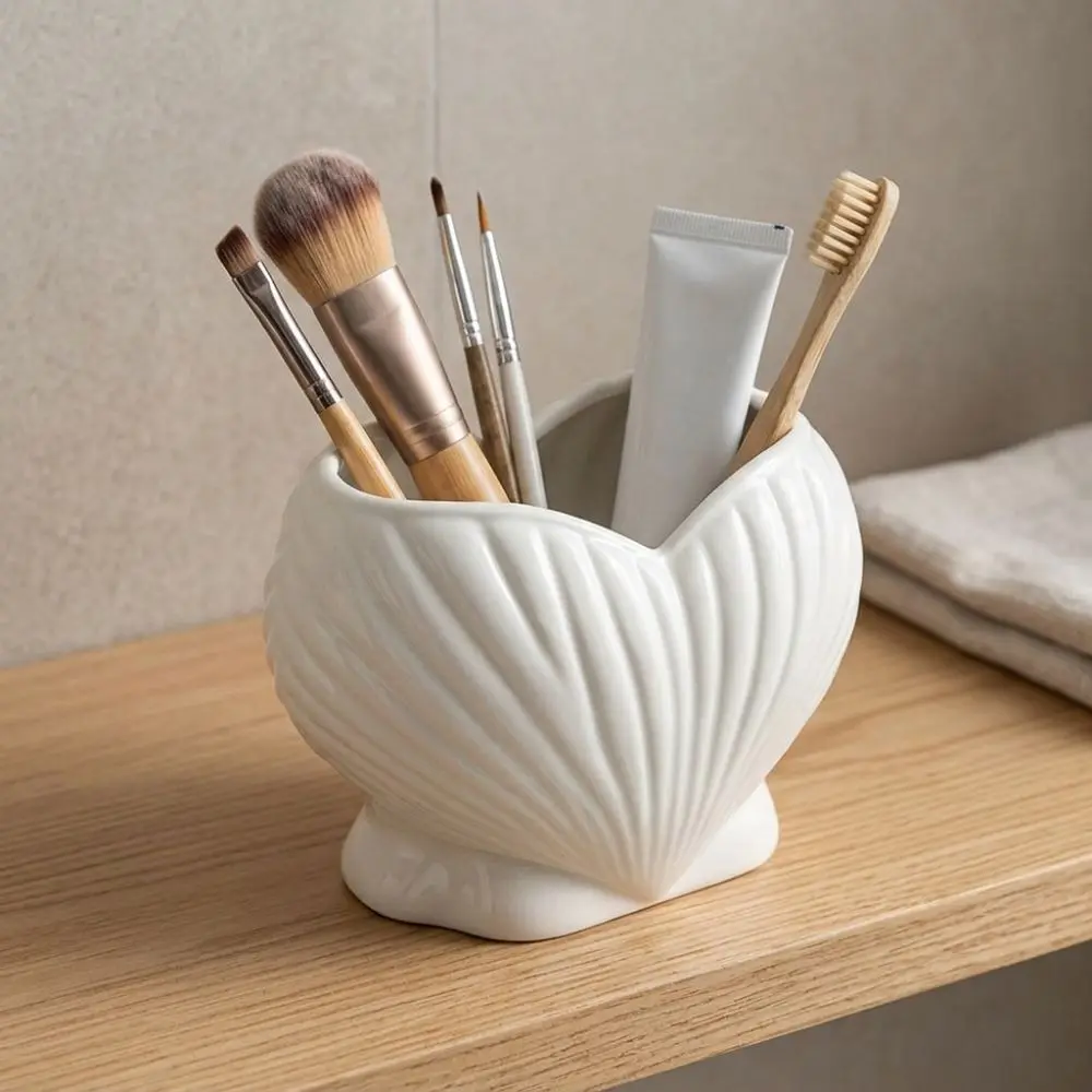 3D Printed Shell Shape Toothpaste Toothbrush Holder Coastal Style Aesthetic Makeup Brush Stand Stable Base Plastic