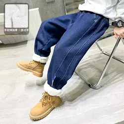 Winter Kids Solid Fleece Jeans for Boy Ankle Length Young Children Clothes Autumn Warm Girls Casual Denim Trousers New 2024