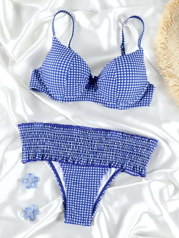 

Bowknot Ruffle Bikinis Women Thongs Plaid Swimsuit Red Lattice Point Swimwear Bathing Suits Biquini Summer Beachwear Swimsuit