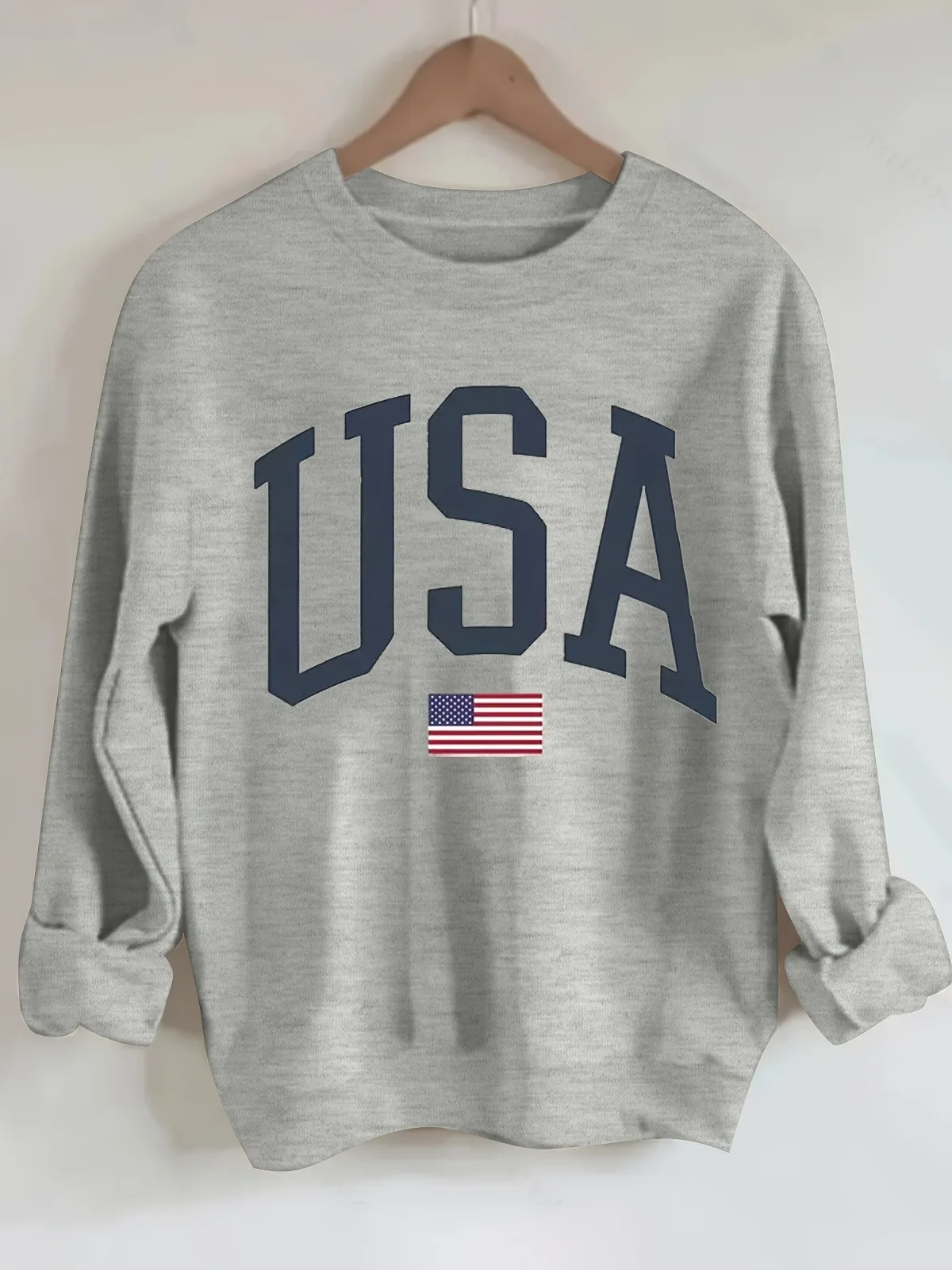 Damska bluza z nadrukiem flagi amerykańskiej, miękka, z okrągłym dekoltem, do prania w pralce, idealna na prezent świąteczny.