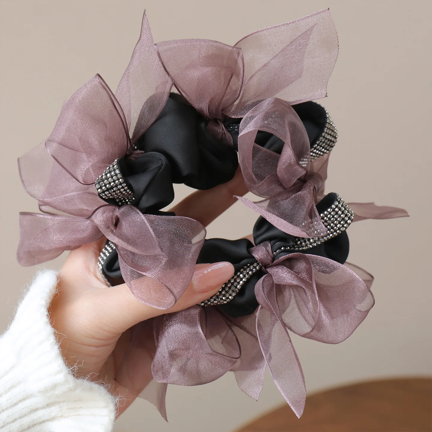 Kristall-Haarband Organza-Haargummis Großer Scrunchie Haargummi für Damen Haaraccessoires Lila Scrunchie – Detail 9