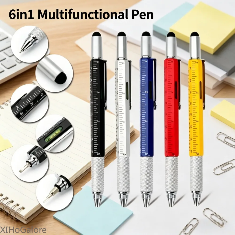 Compact 6 In 1 EDC Multifunctional Pen Tool Stylus Screwdriver Ruler Level Refillable Ballpoint Capacitive Touch Screen Pencil
