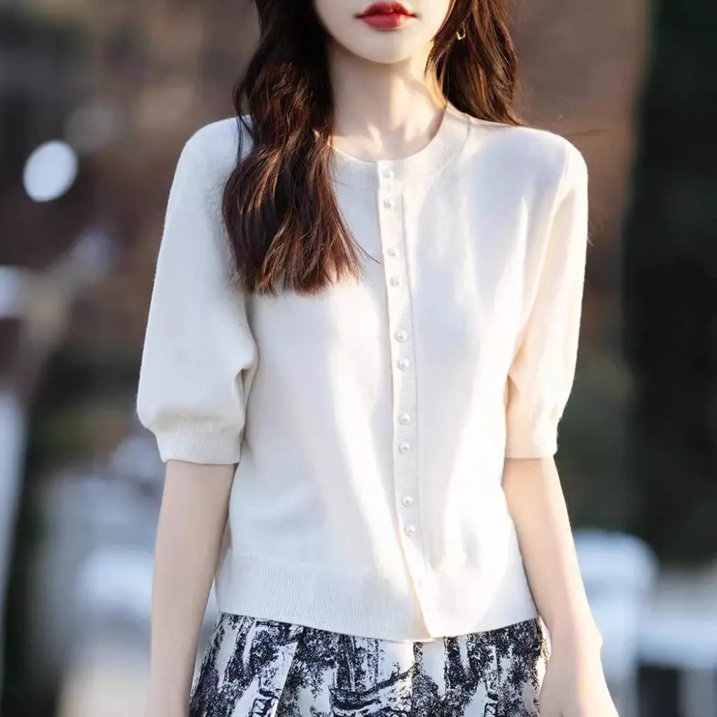 

Женский вязаный кардиган с пышными рукавами, весна-лето, тонкая куртка с круглым вырезом, флисовый короткий топ с короткими рукавами и узкой талией