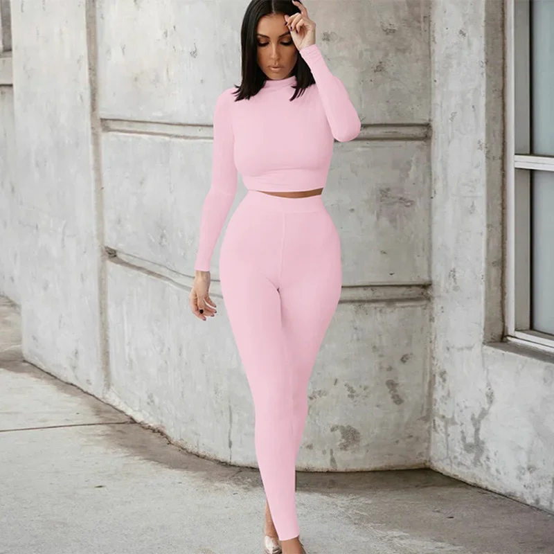 2024 Spring/Summer New Streetwear Casual Two Piece Set with Round Neck Solid Color Slim Fit Long Sleeve Sports Set