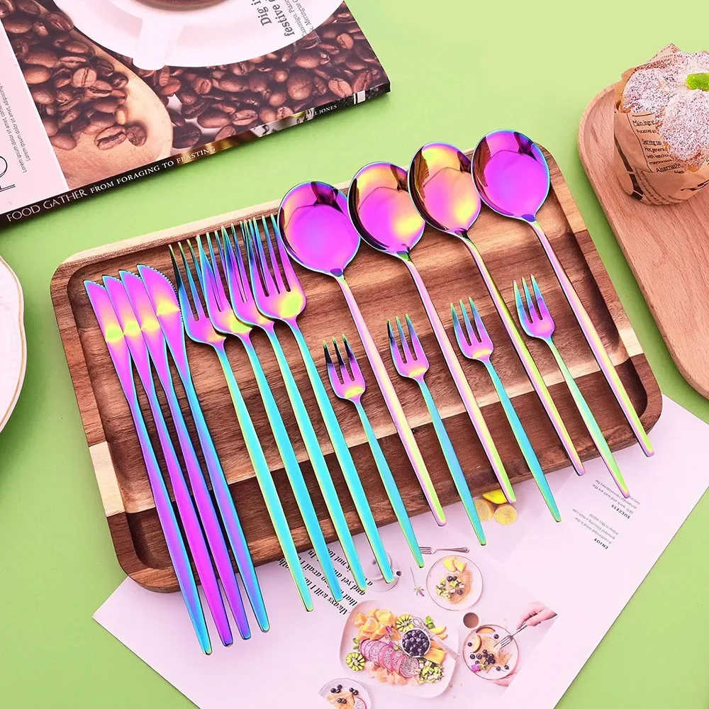 16Pcs Rainbow Dinnerware Stainless Steel Cutlery Set Knife Cake Fork Spoon Dinner Flatware Set Kitchen Silverware Tableware