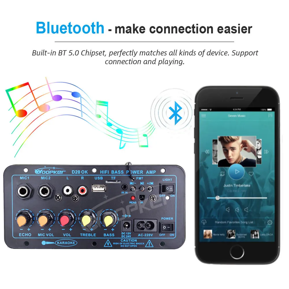Picture 3: Woopker Bluetooth Amplifier Board 200W USB FM-Radio TF Player Subwoofer DIY Amp Boards for Car Home Theater 110V/220V