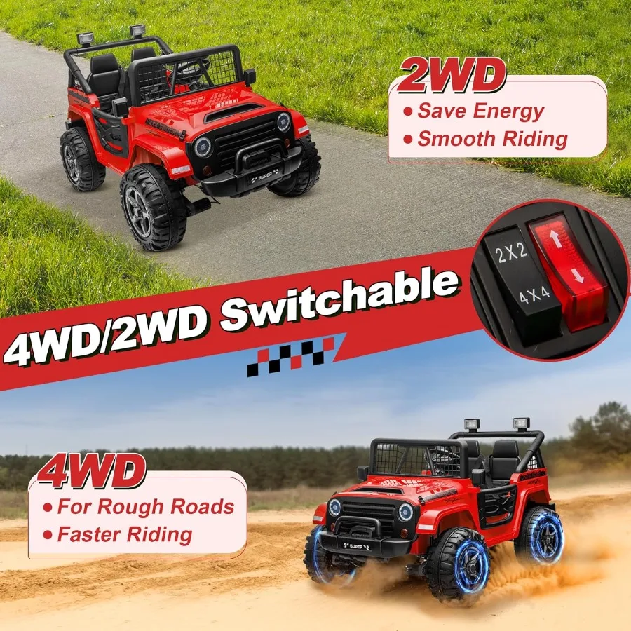 Coche de paseo XL de 24 V con control remoto, coche eléctrico conmutable de 2 plazas 4WD/2WD para niños con asiento de 20 pulgadas de ancho, flor de regalo, 4X20