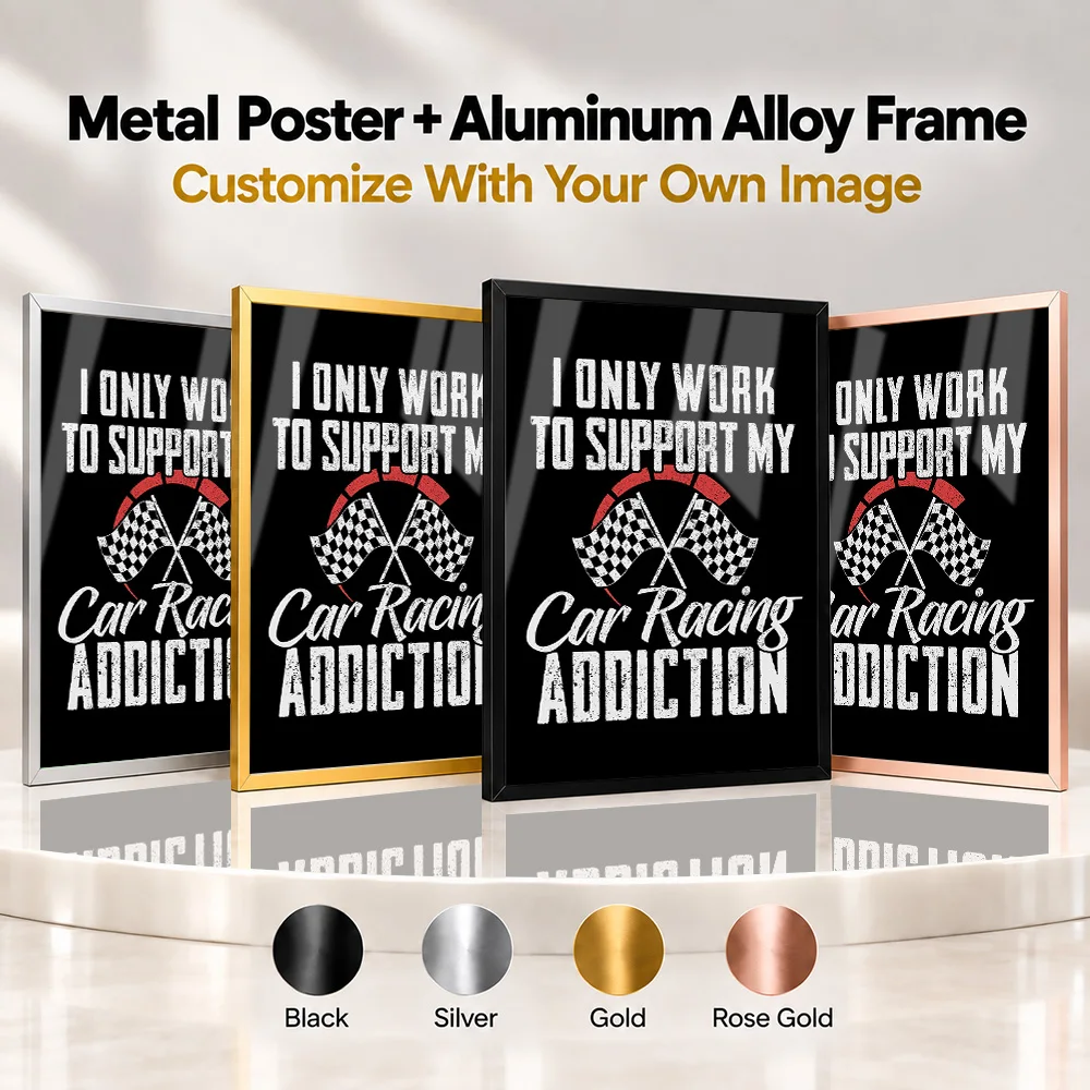 Car Racing Addiction Quote Framed Metal Print Customized High Contrast Statement Lettering Wall Art For Garage Petrolhead Gift