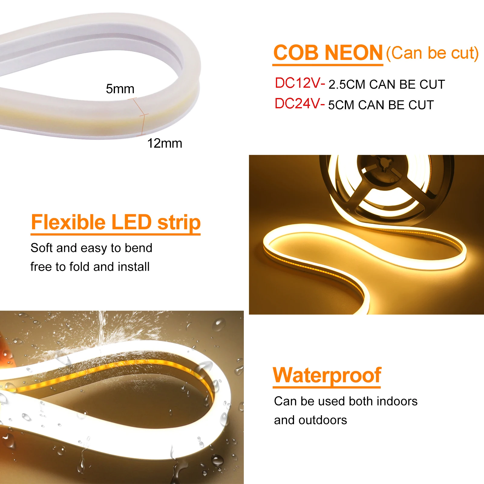 Tuya WiFi COB LED Strip Light 12V 24V IP65 Waterproof Flexible Neon Ribbon Tape 320LEDs/m Dimmable COB Light Bar with EU/US Plug