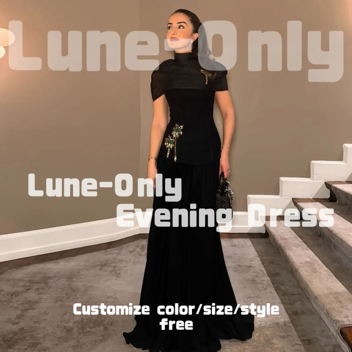 

Элегантные черные вечерние платья с высоким воротником по индивидуальному заказу, расшитые бисером кокосового цвета, вечернее платье для выпускного вечера, плиссированное вечернее платье