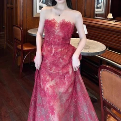 2024 Vintage Red Lace Dress Women Sleeveless O-neck Mesh Patchwork Elegant Women's Clothing Runway Design Bodycon Evening