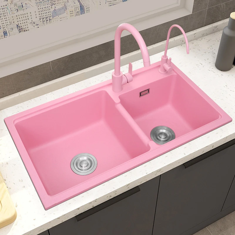 キッチン用ダブルクォーツストーンシンク,ピンク花崗岩皿,家庭用皿,75*41cm, 78*43cm, 80*45cm