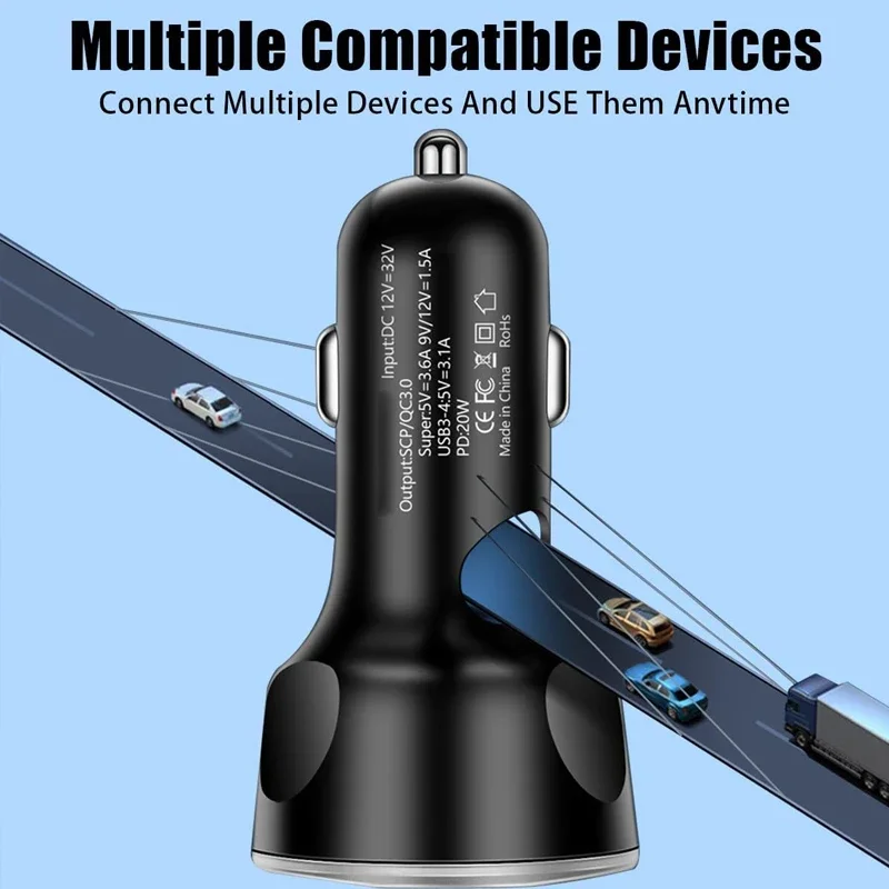 USB C Car Charger Adapter 4 USB A and 2 PD Super Fast Charge with Voltage Monitor for iPhone Samsung Huawei Vivo OPPO Oneplus