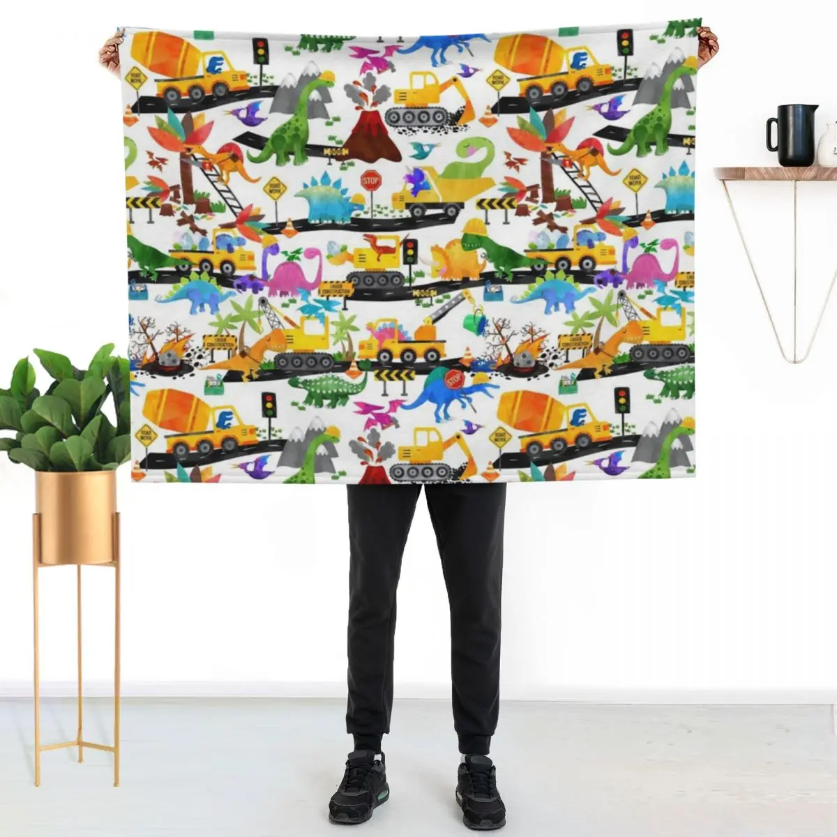 Watercolor Dinosaur Road Crew Construction Throw Blanket Sofas Shaggy for winter Plaid on the sofa Weighted Plush Blankets