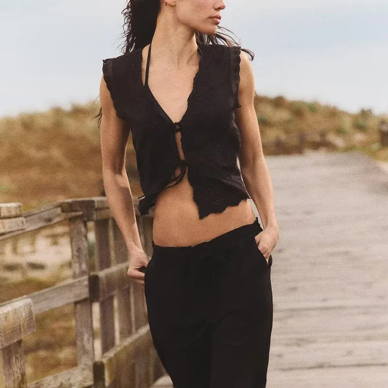 Printemps 2025 femmes Faionable coton mélange brodé v-ne Svel haut rue Sle fibre de Polyester 00% Z marque