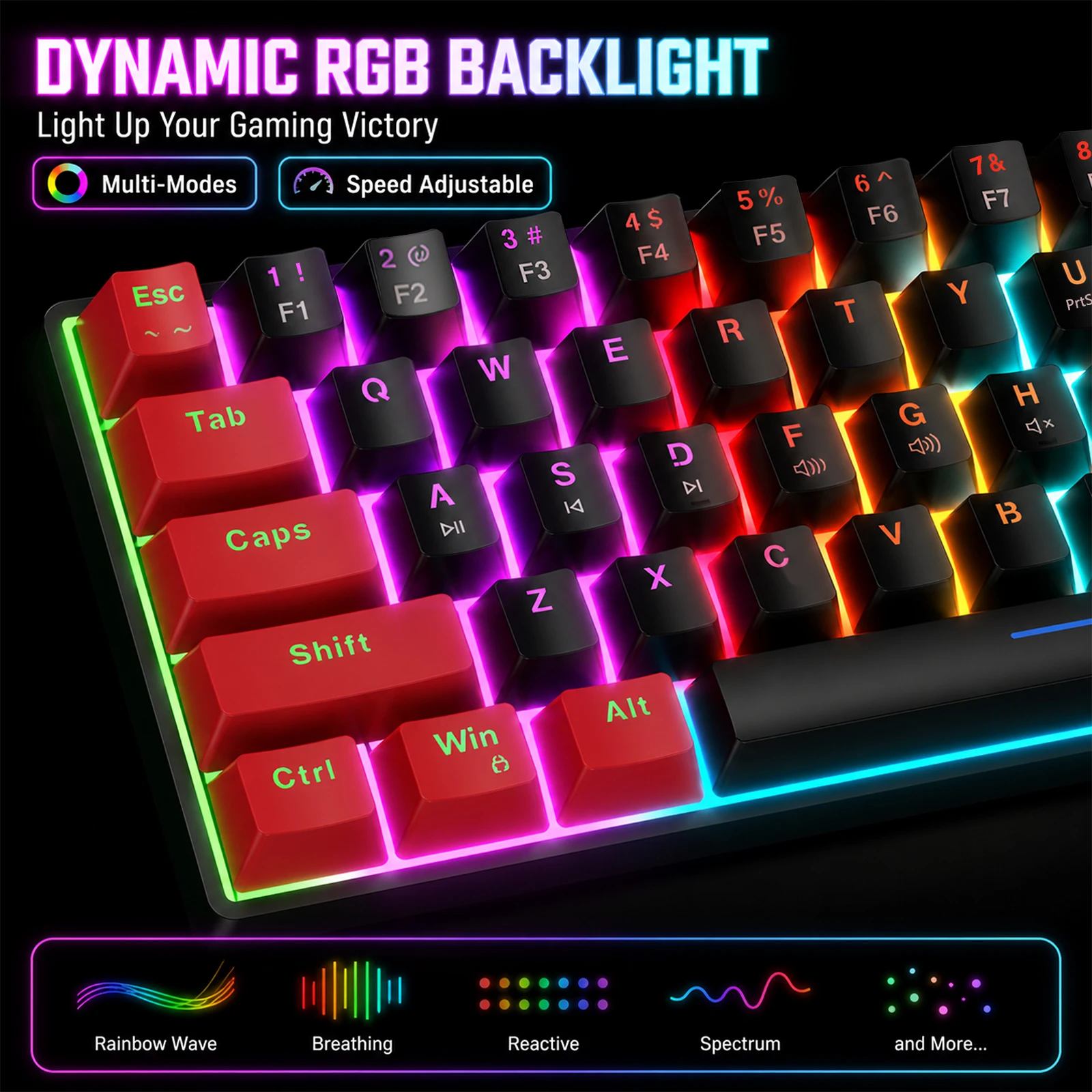 HXSJ 61‑Key 60% RGB Gaming Keyboard Clicky Tactile Switch Detachable Type‑C Wired Compact Keyboard for PC Laptop Gamer